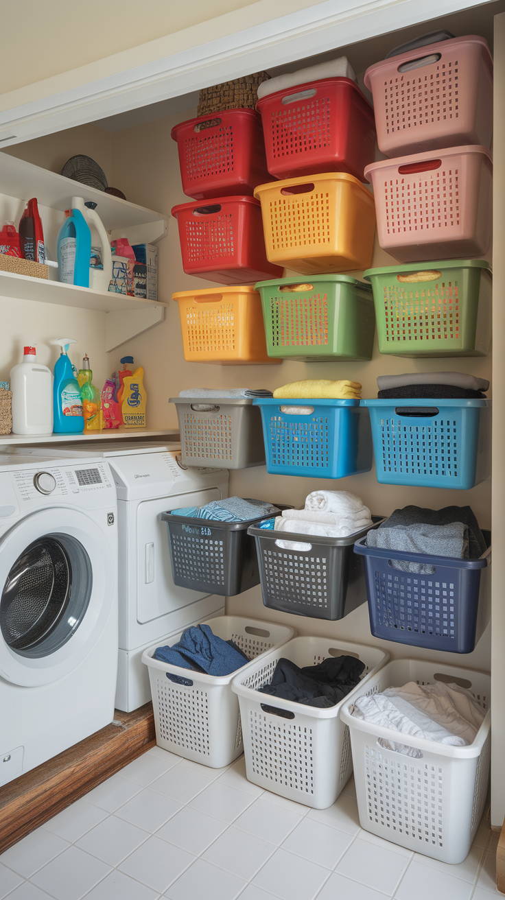 A neat laundry room with colorful baskets organized by clothing type.