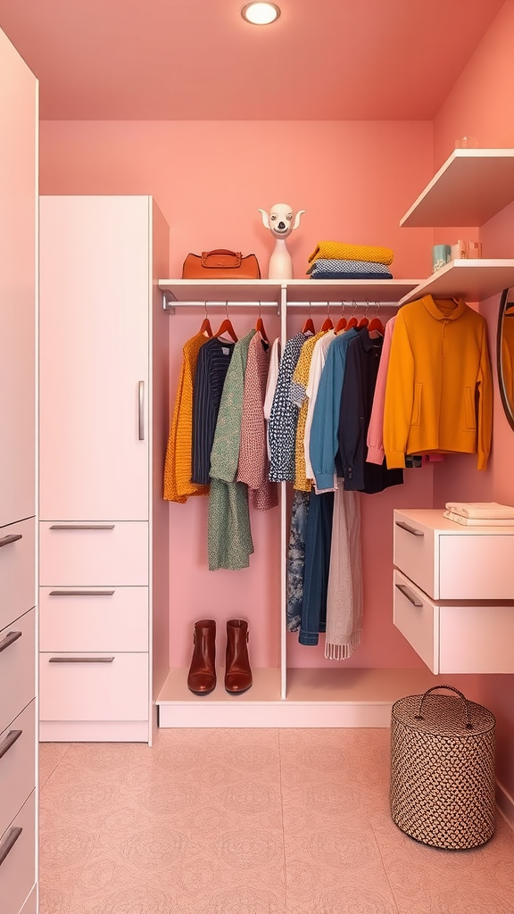 A stylish closet with colorful clothing and a bright pink background.