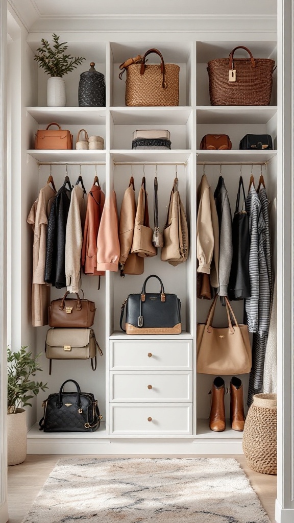 Stylishly organized handbags on shelves with clothing and decorative elements in a closet.