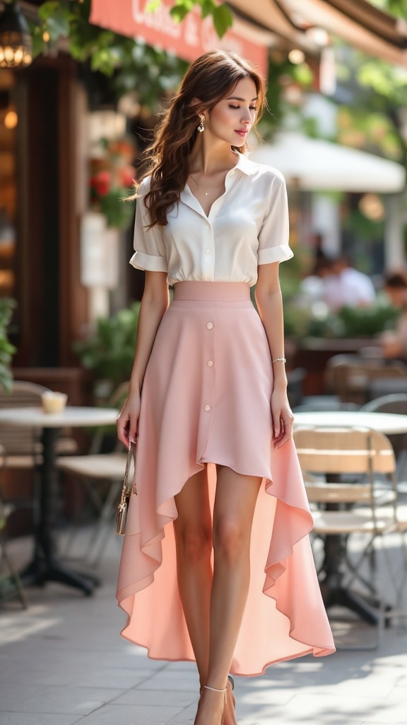 A woman wearing a fitted blouse and a high-low skirt, exuding chic elegance.