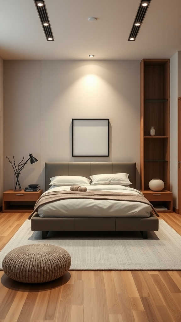 A minimalist Zen bedroom showcasing a neatly made bed, wooden furniture, and simple decor.