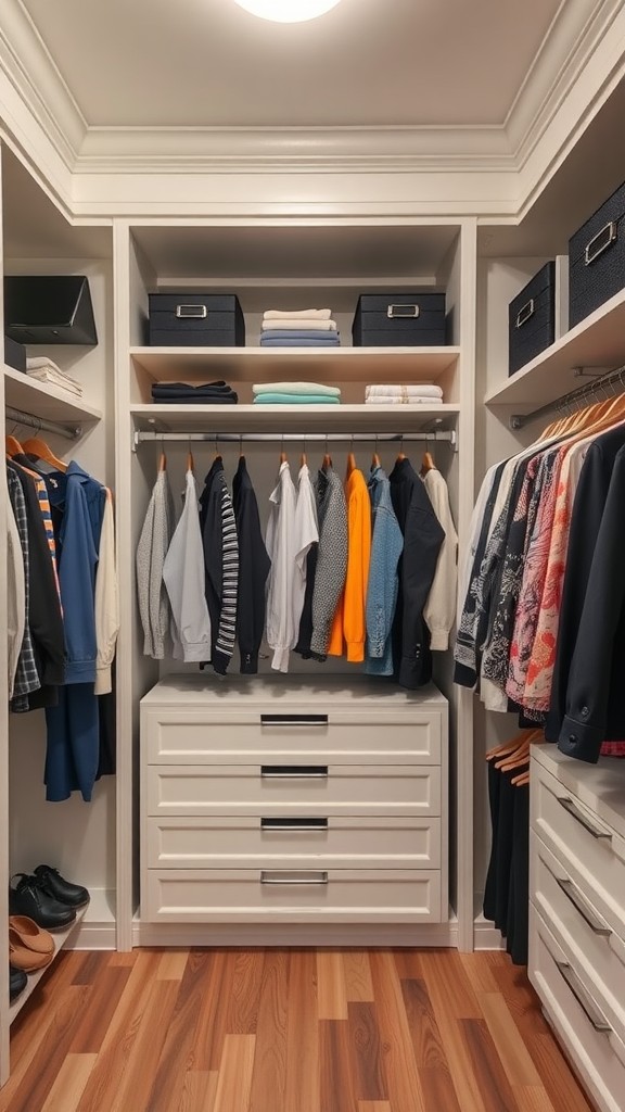 A well-organized closet featuring built-in shelves, neatly arranged clothing, and storage boxes.