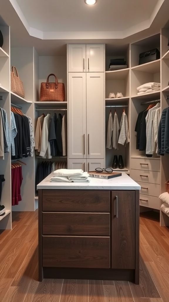 Stylish closet with a functional island in the center, featuring shelves and organized clothing.