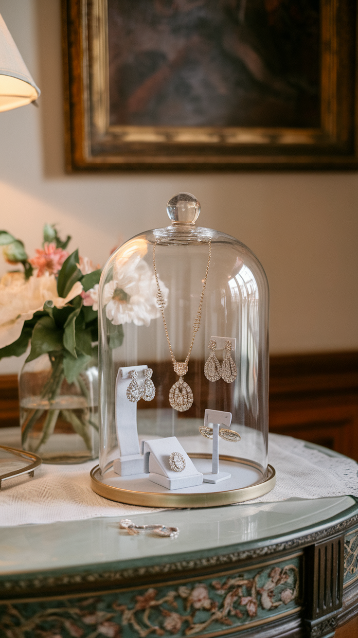 A glass cloche display containing elegant jewelry pieces, including earrings and a necklace, on a stylish table.