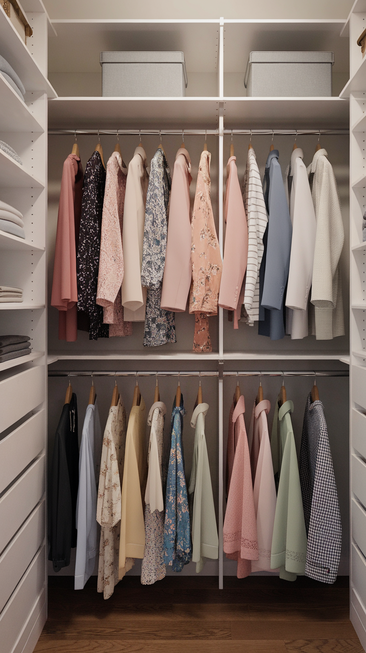 Organized closet with clothes hung by outfit, showcasing a neat arrangement.