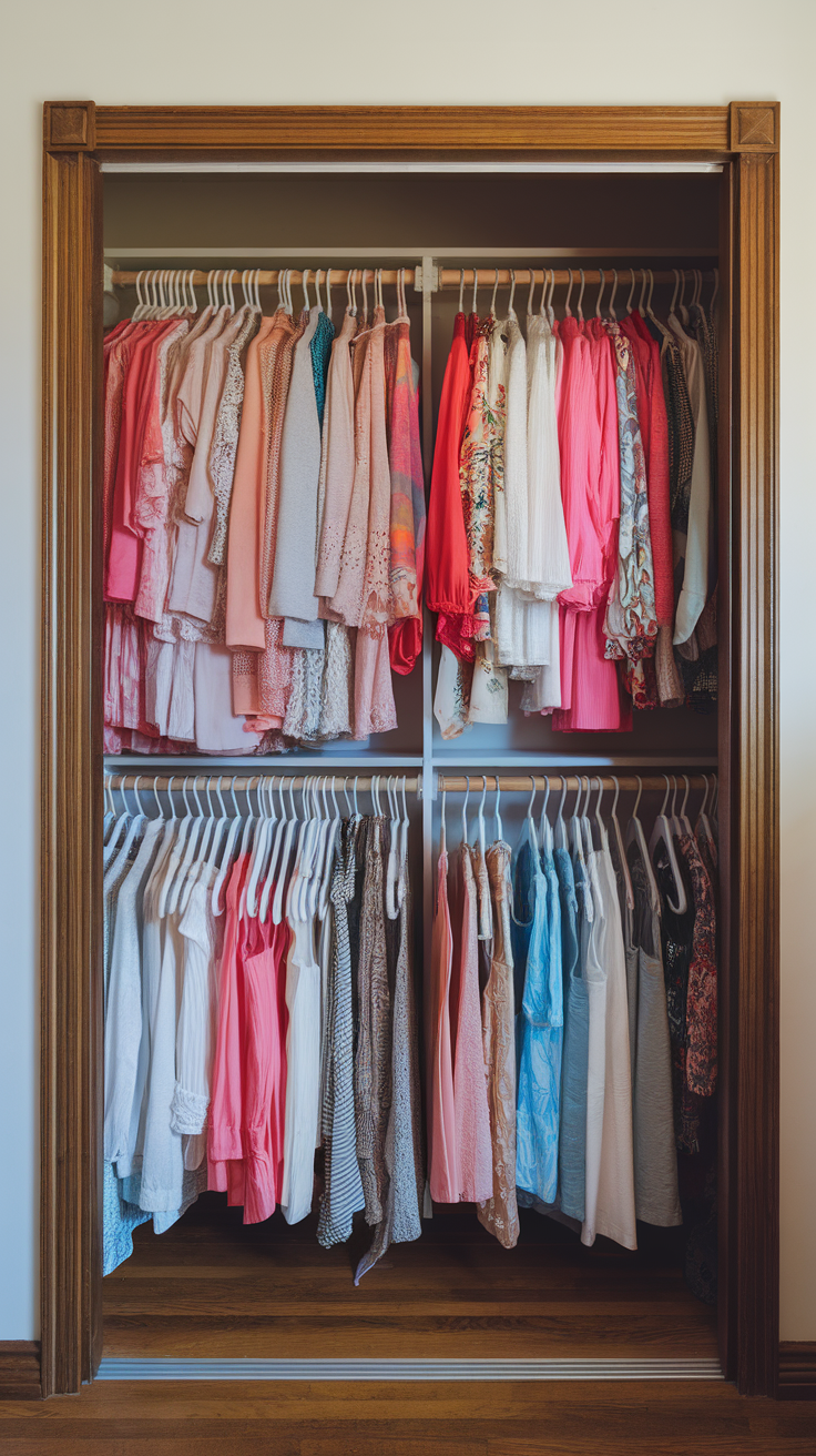 A neatly organized closet with clothes arranged by color on hangers.
