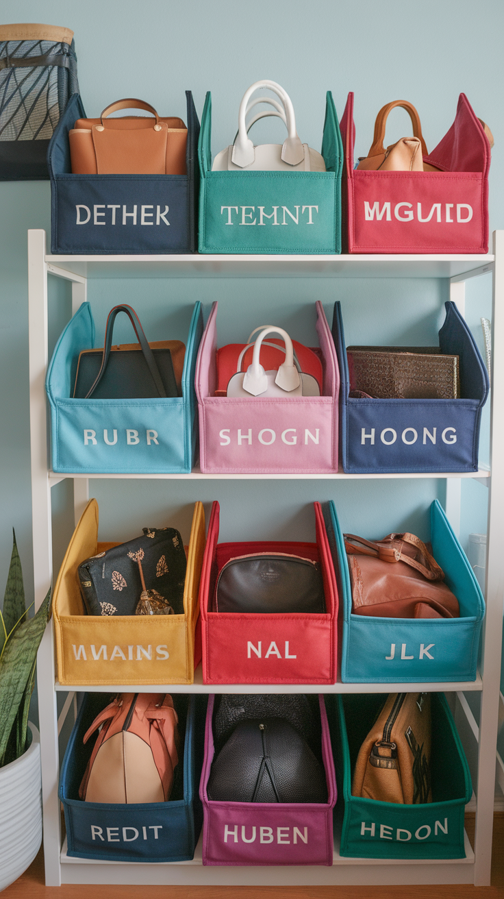 Organized shelf with colorful bins holding various handbags
