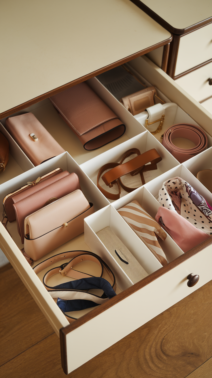 Organized drawer with handbag accessories and dividers