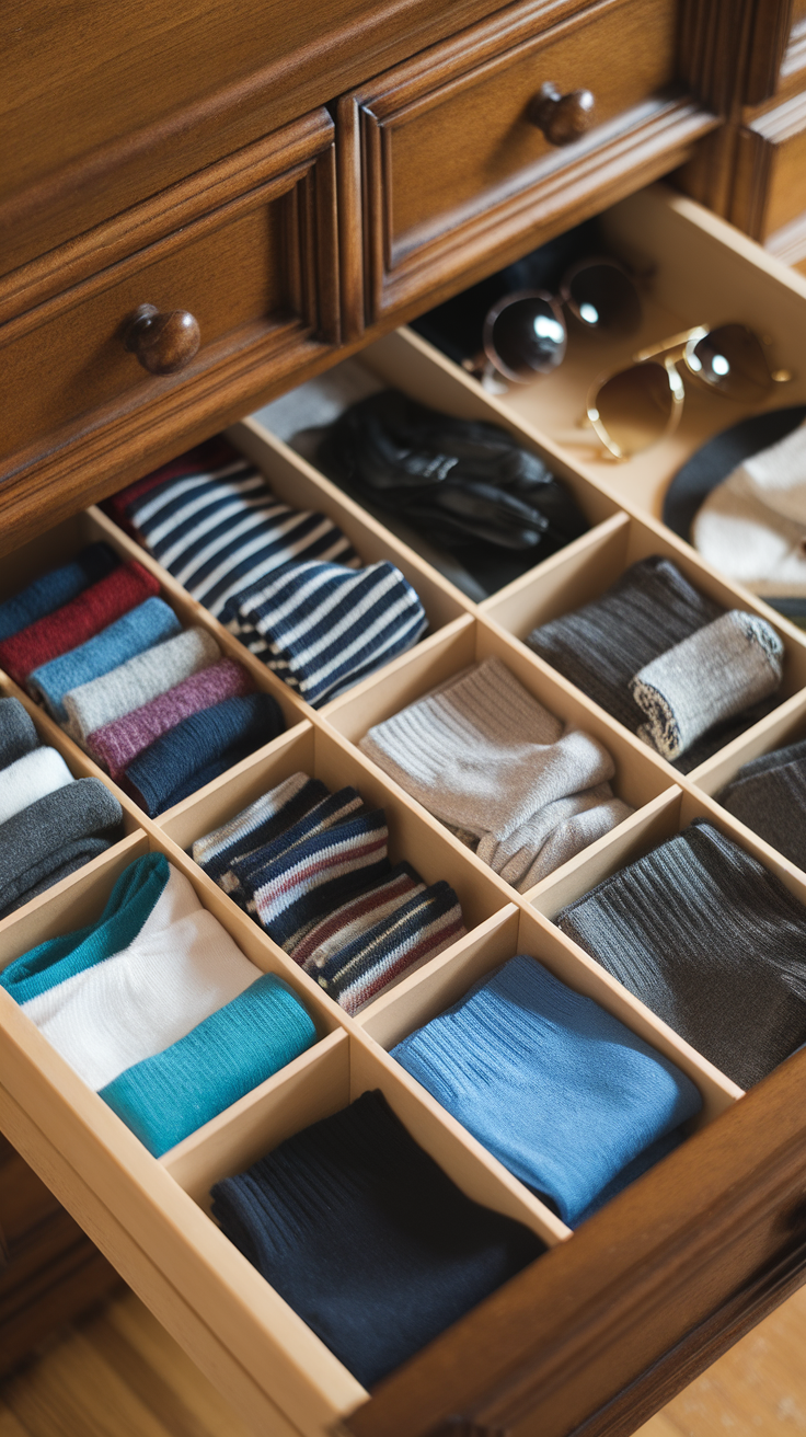 Organized drawer with dividers holding various socks and accessories