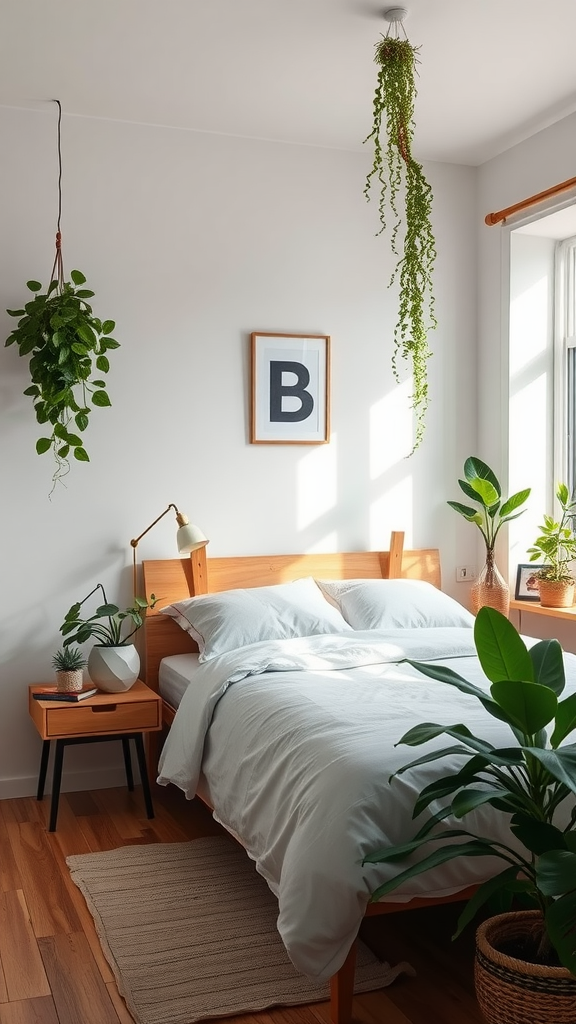 A minimalist Zen bedroom featuring a wooden bed, soft bedding, and various indoor plants for a fresh and calming atmosphere.