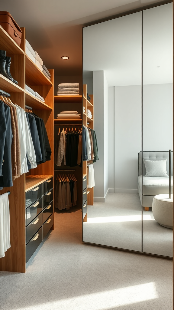 Stylish walk-in closet with mirrors and organized clothing.