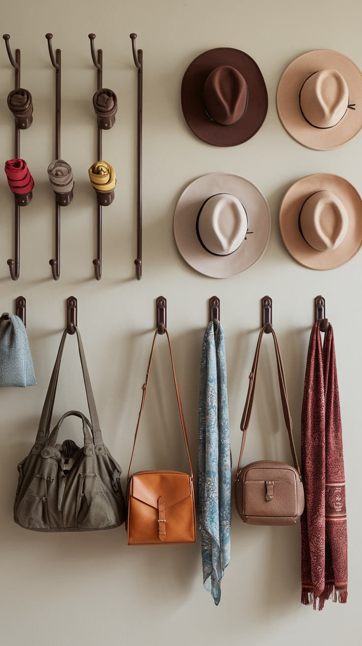 A wall with hooks and pegs displaying hats, scarves, and bags in an organized manner.