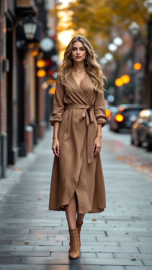 A woman wearing a chic wrap dress and heeled ankle boots walking down a city street.