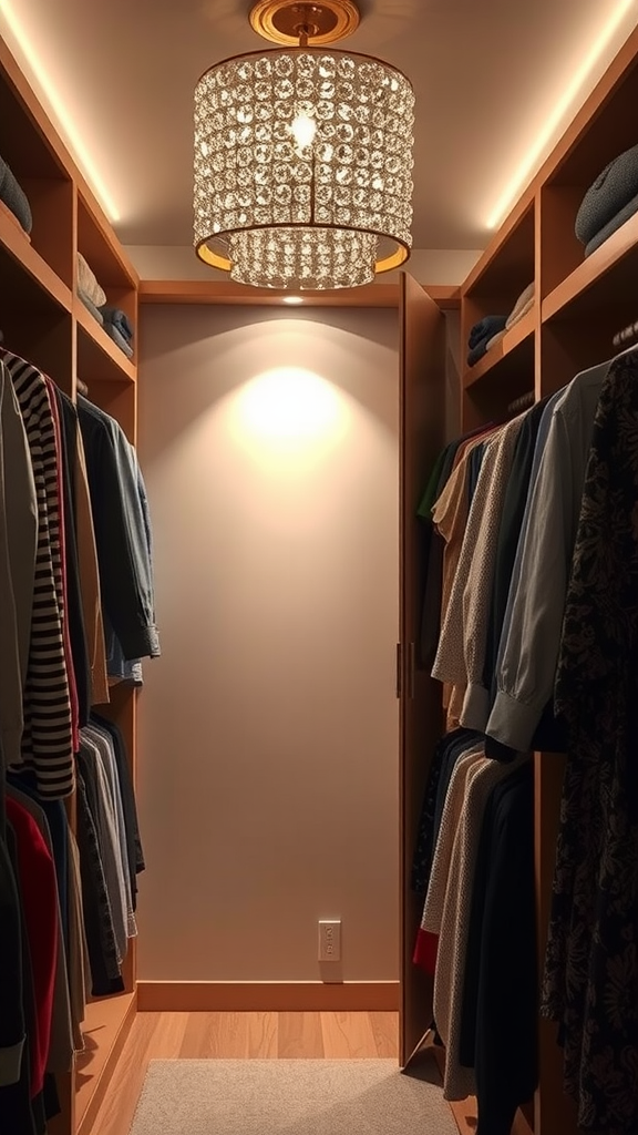 A stylish closet with a chandelier lighting fixture and organized clothing.