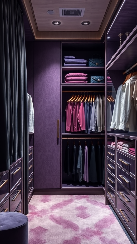 A stylish closet featuring velvet accents in a rich purple tone with neatly arranged clothing.