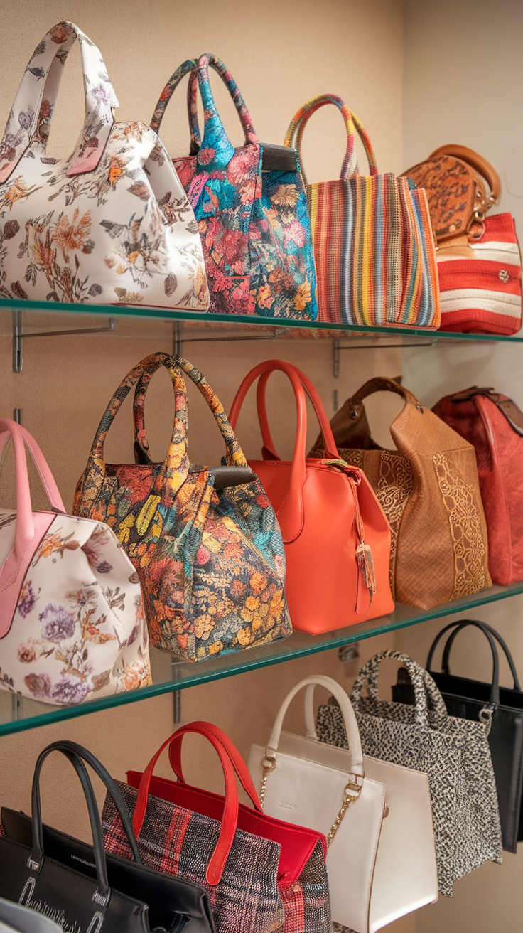 A stylish display of various handbags in different colors and patterns on shelves.