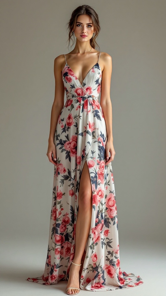 A floral maxi dress displayed on a mannequin in a garden setting.