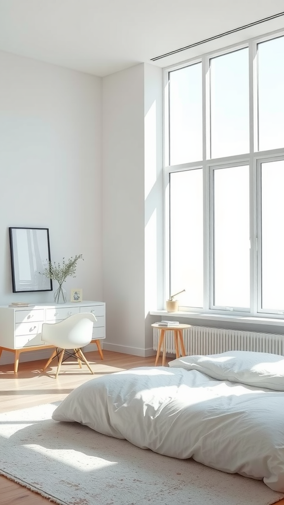 A bright and airy minimalist bedroom with large windows, a simple bed, and a stylish desk.