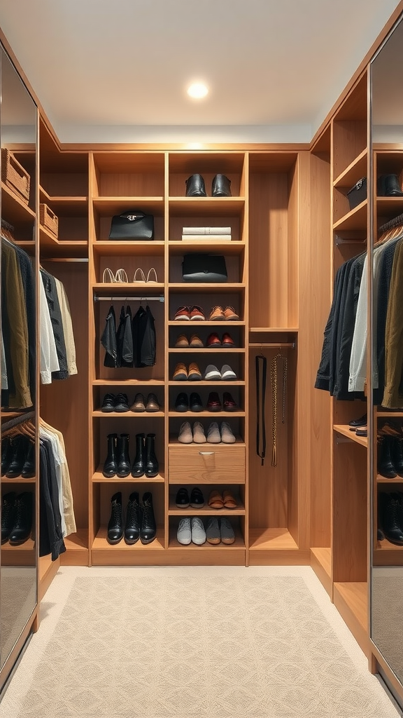 A spacious walk-in closet featuring modular shelving, organized shoes, bags, and clothing.