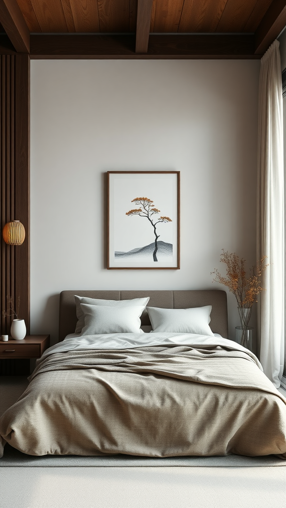 Minimalist Zen bedroom with a cozy bed, neutral colors, and a tree artwork on the wall.