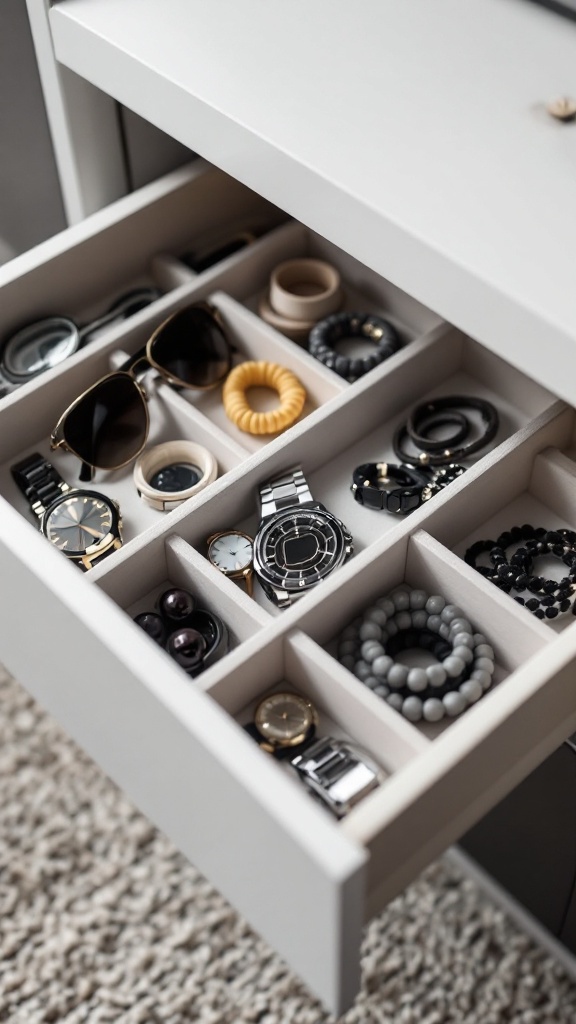 A neatly organized drawer featuring watches, sunglasses, and various accessories arranged in compartments.