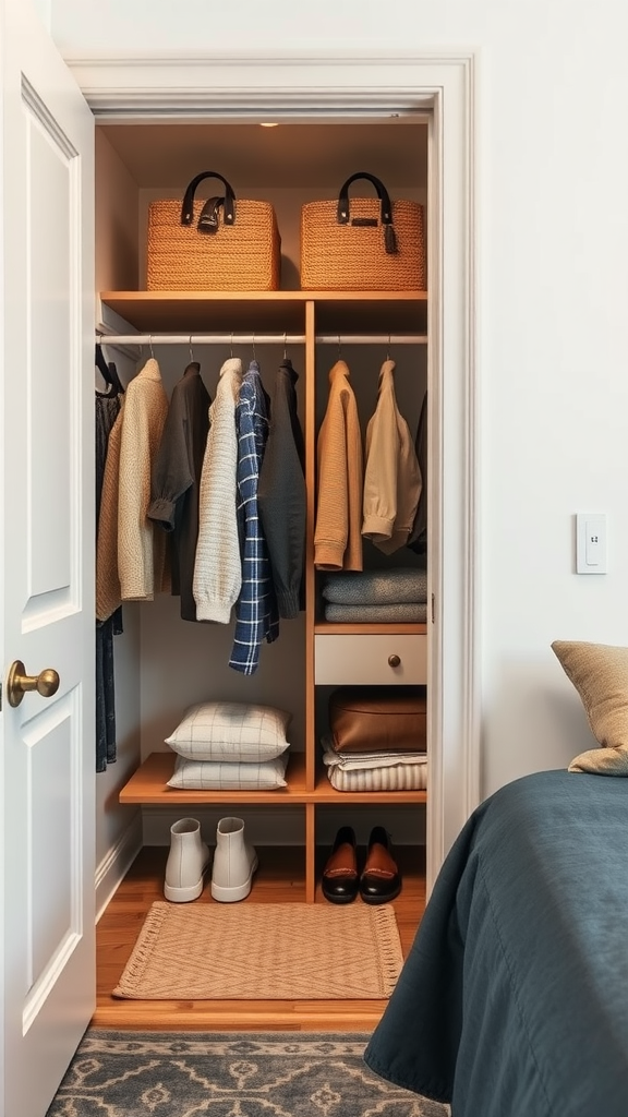 A well-organized guest closet with clothes, shelves, and storage baskets.