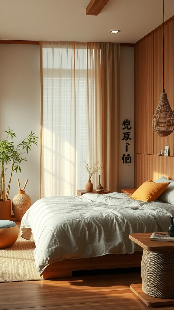 Minimalist bedroom with wooden accents and natural materials