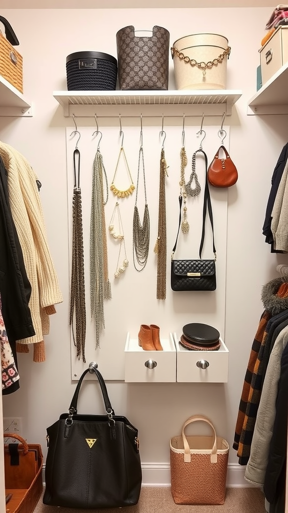 A well-organized accessory wall featuring necklaces, bags, and storage baskets.