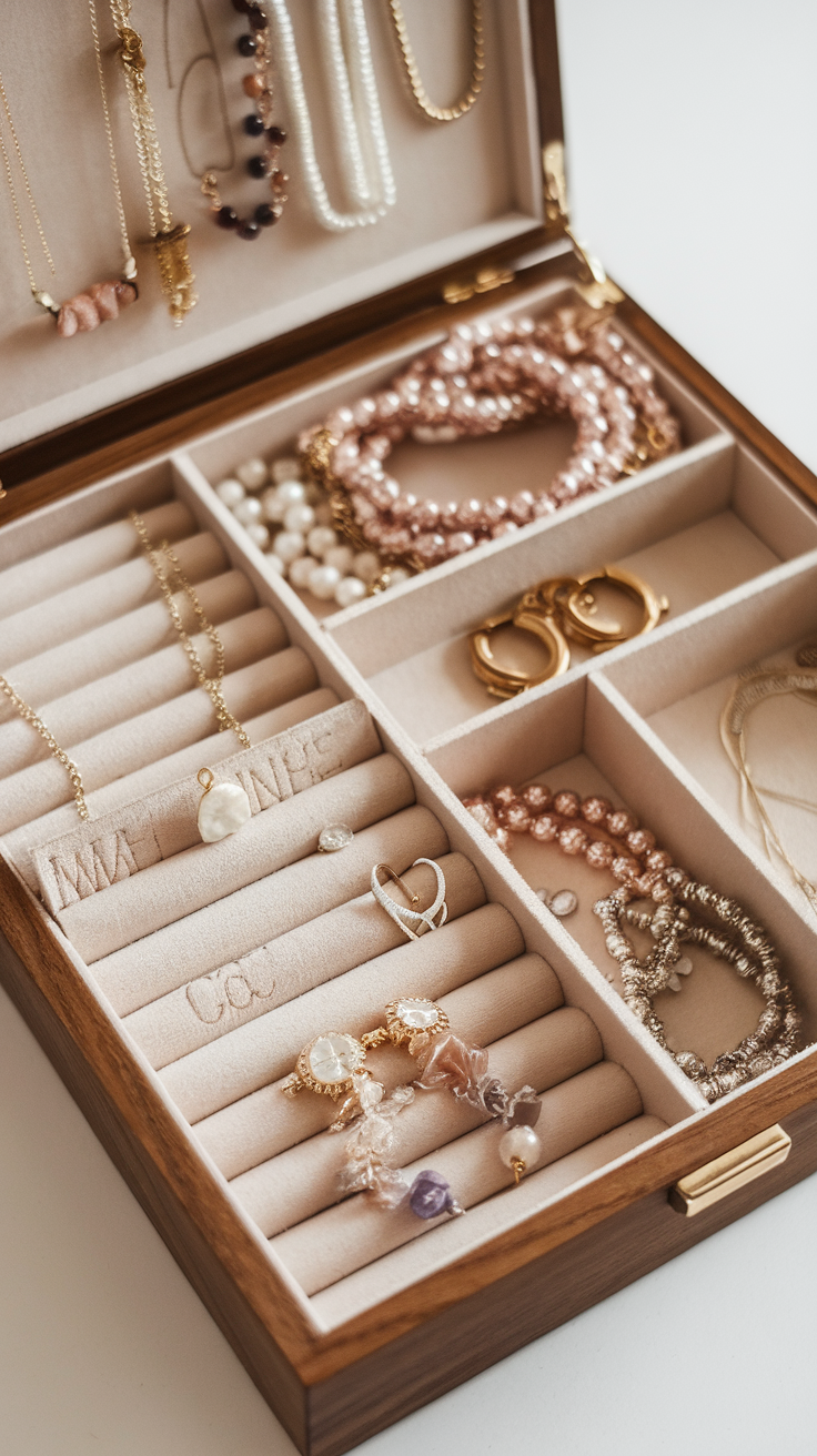 An elegant wooden jewelry organizer filled with assorted necklaces, bracelets, and rings.