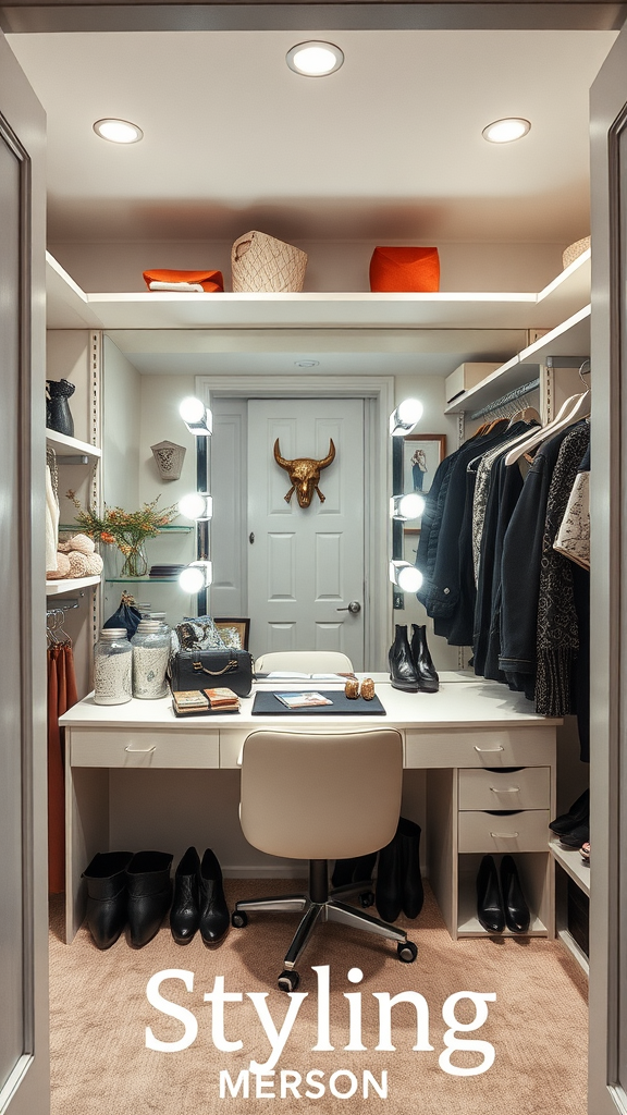 A modern styling station in a closet featuring a desk, mirrors, and organized clothing.