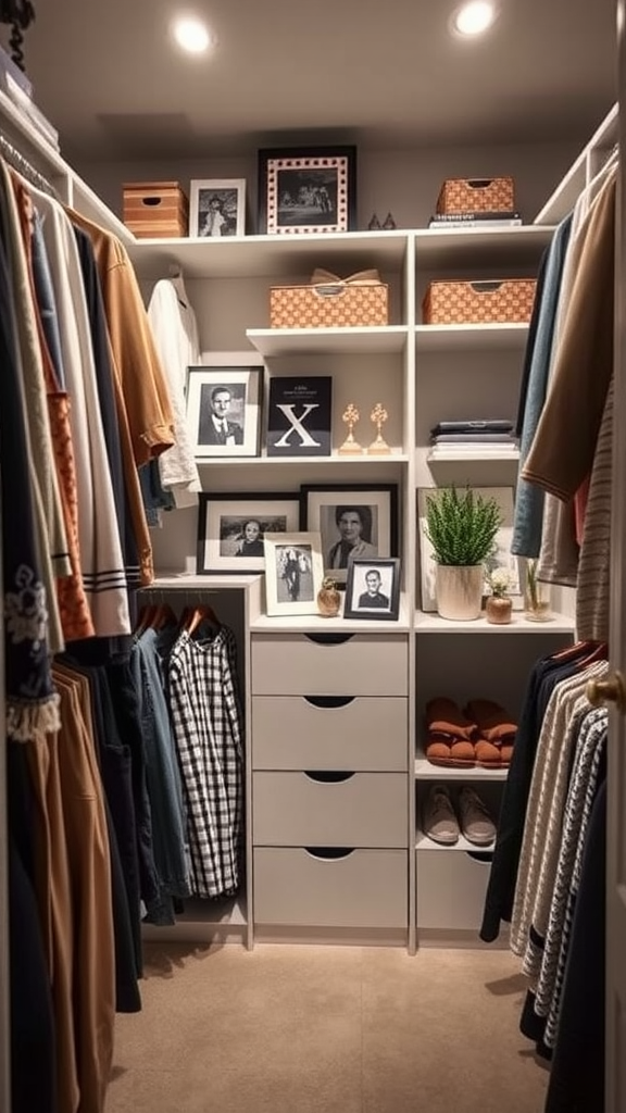 A well-organized closet with clothing, decorative boxes, and framed photos