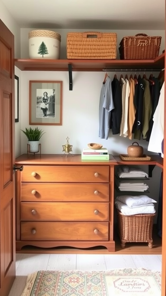 A walk-in closet featuring a wooden dresser, wall-mounted shelves with baskets, and hanging clothes.