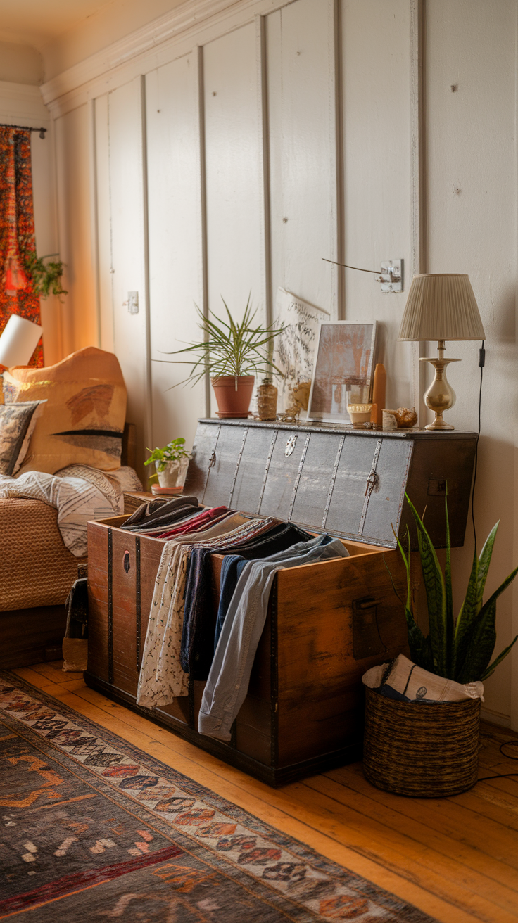 A vintage trunk used for storing clothes in a cozy room setting.