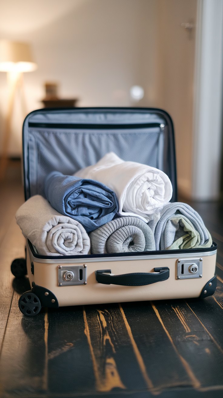 A suitcase filled with neatly rolled clothes in various colors.