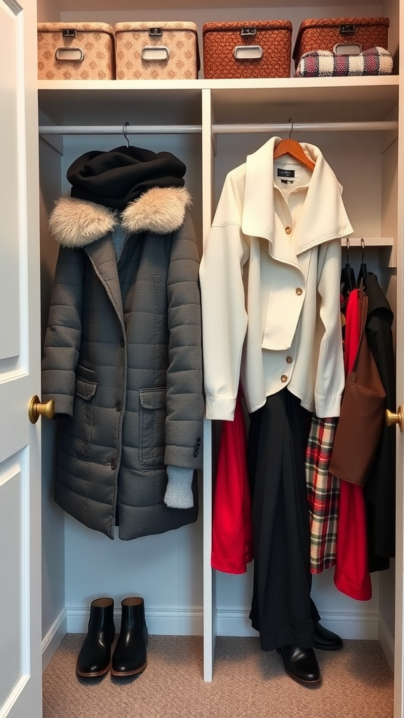 A neatly organized closet with seasonal clothing and storage bins.