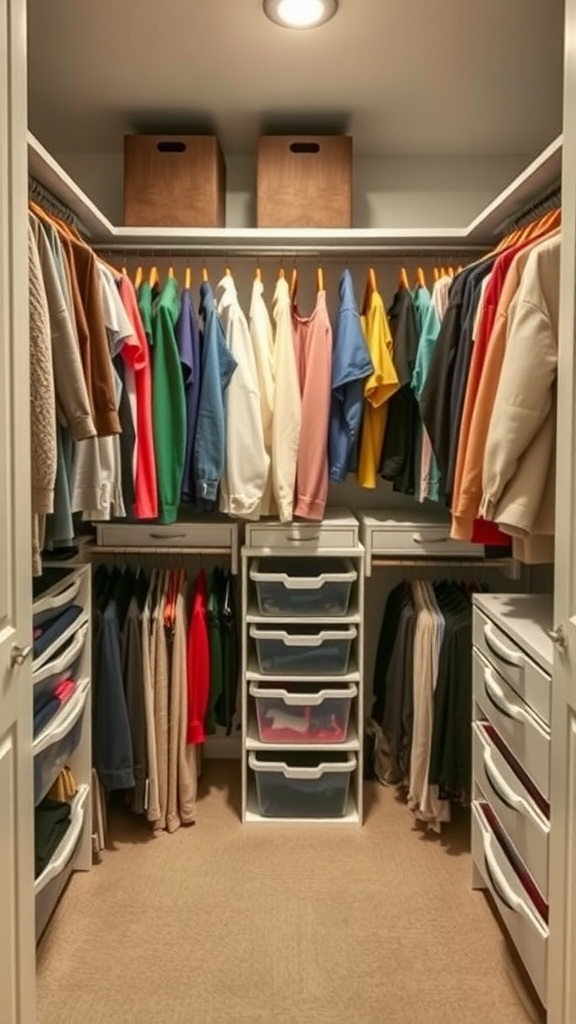 A well-organized walk-in closet with seasonal clothing separated by colors and storage bins on top.