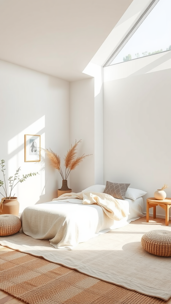 A minimalist Zen bedroom featuring soft whites and earthy tones, with natural light and simple decor.