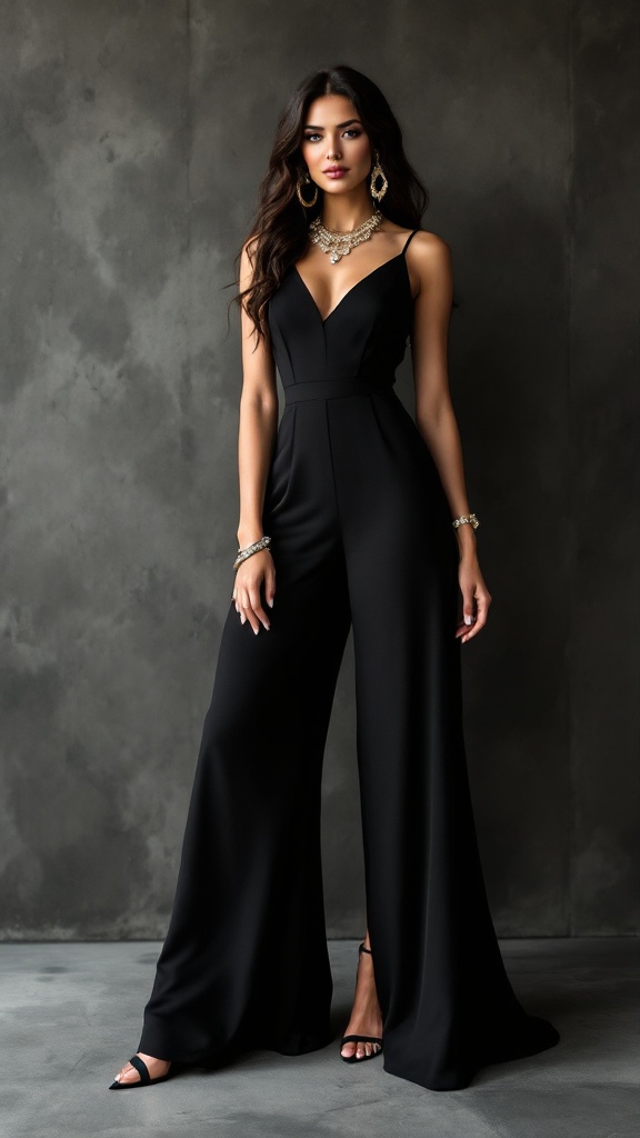 A woman in a sleek black jumpsuit, styled with statement jewelry and elegant accessories.