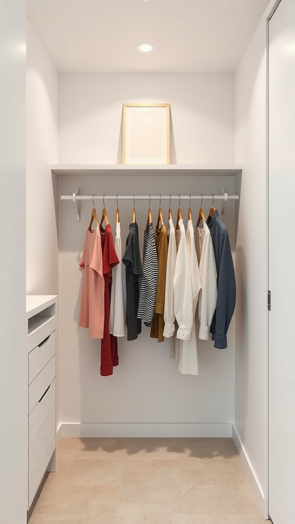 A minimalist closet with neatly hung clothes and a simple shelf.