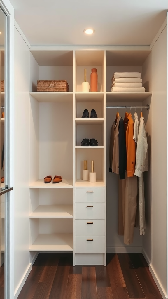 A sleek minimalist wardrobe with organized shelves and hanging clothes.