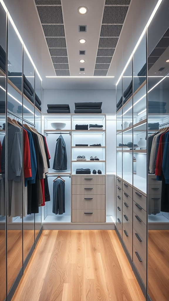 Modern closet with technology integration featuring organized clothing and smart lighting.