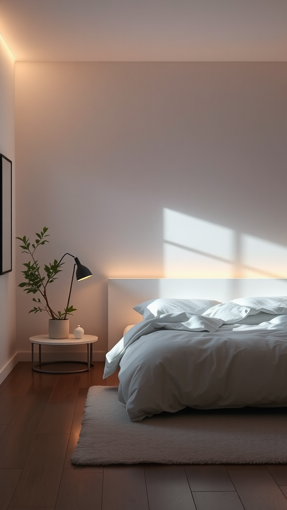 A minimalist Zen bedroom with soft lighting, featuring a bed, a side table with a plant, and warm light.