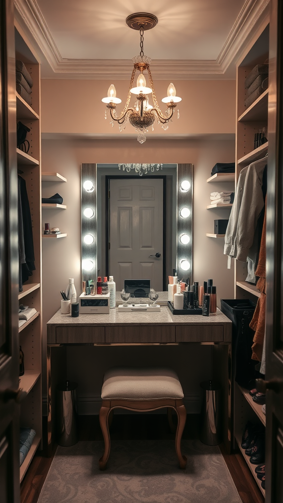 Sophisticated dressing table in a stylish closet with good lighting and organized items.