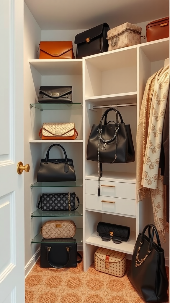 Elegant display of various handbags organized on shelves in a closet.