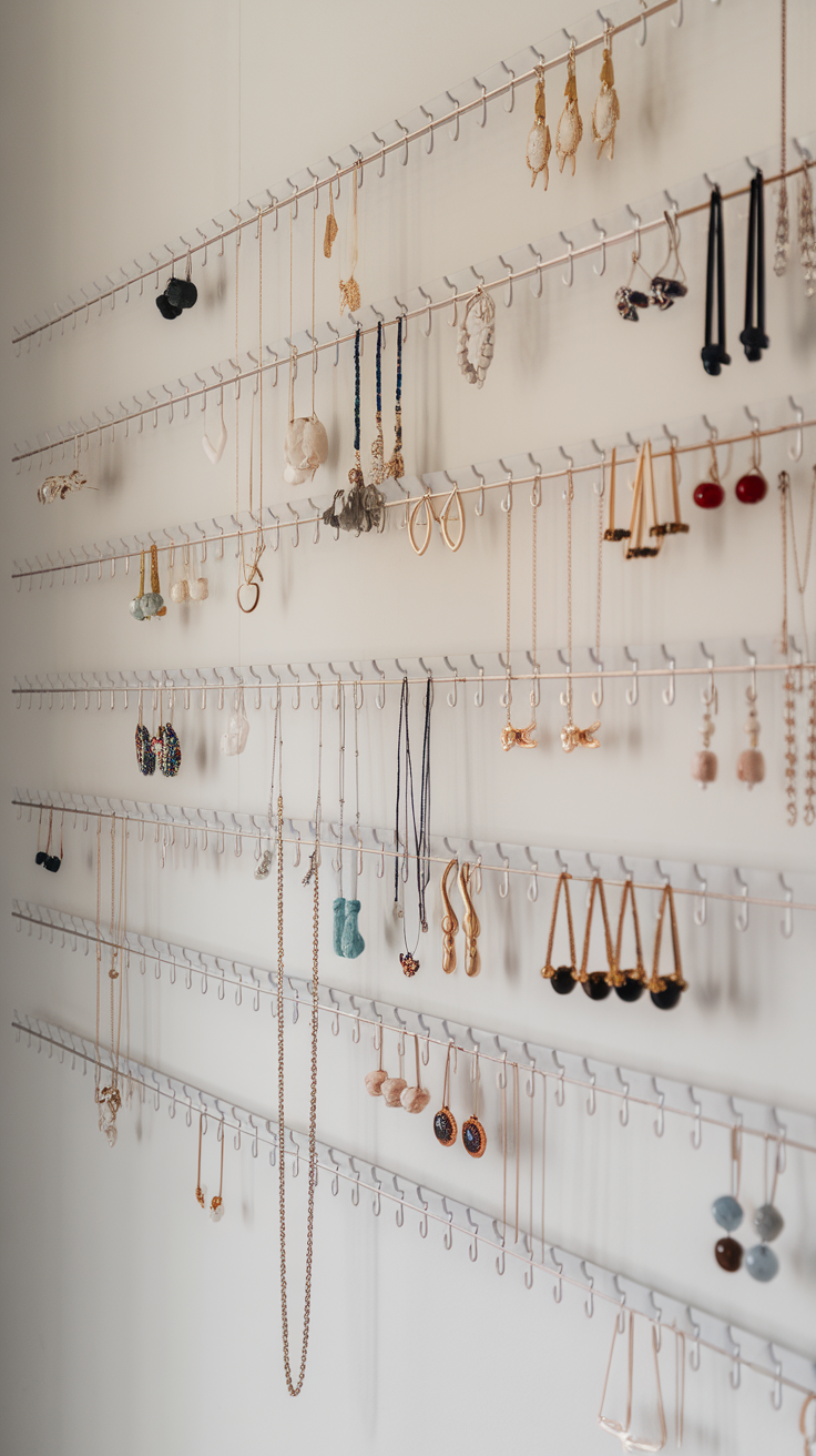 A stylish wall-mounted jewelry display featuring various earrings and necklaces neatly organized.