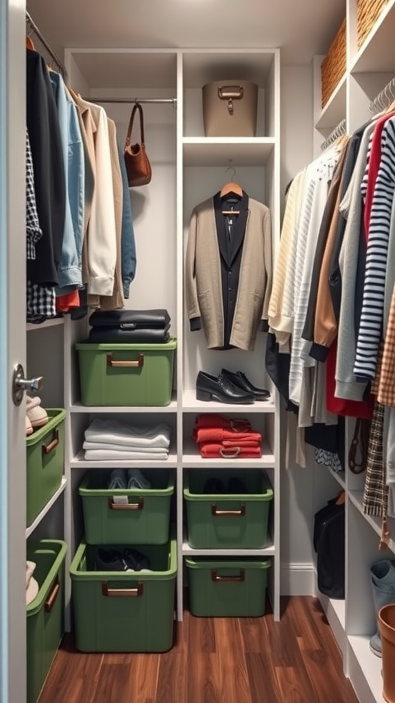 A walk-in closet featuring organized clothing and green sustainable storage bins.