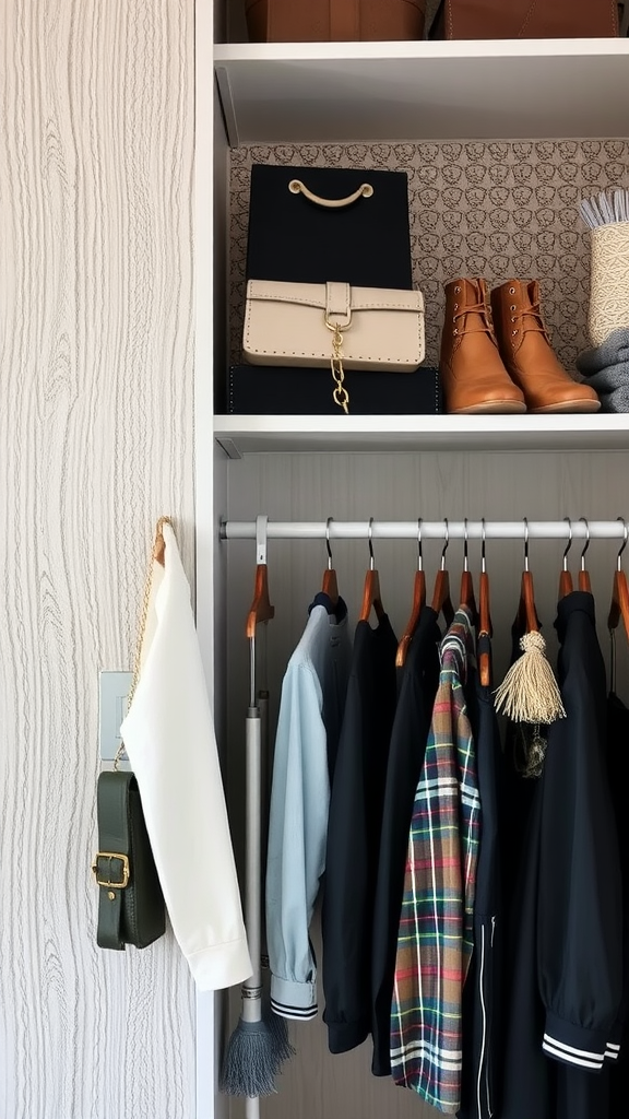 A stylish closet with textured accents, featuring neatly arranged clothes and accessories.