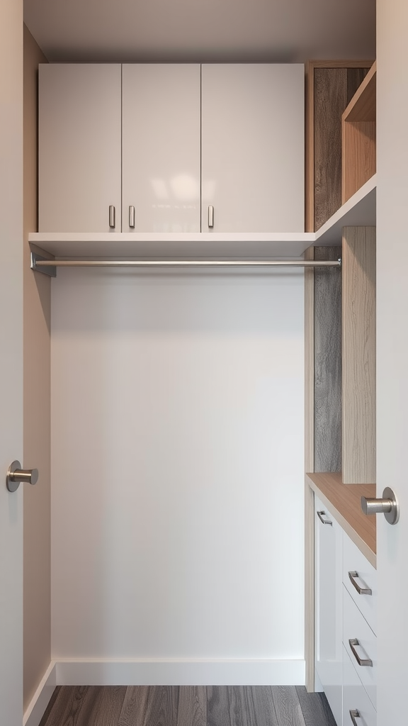 A modern closet with sleek cabinetry and an open space, highlighting textured wall accents.