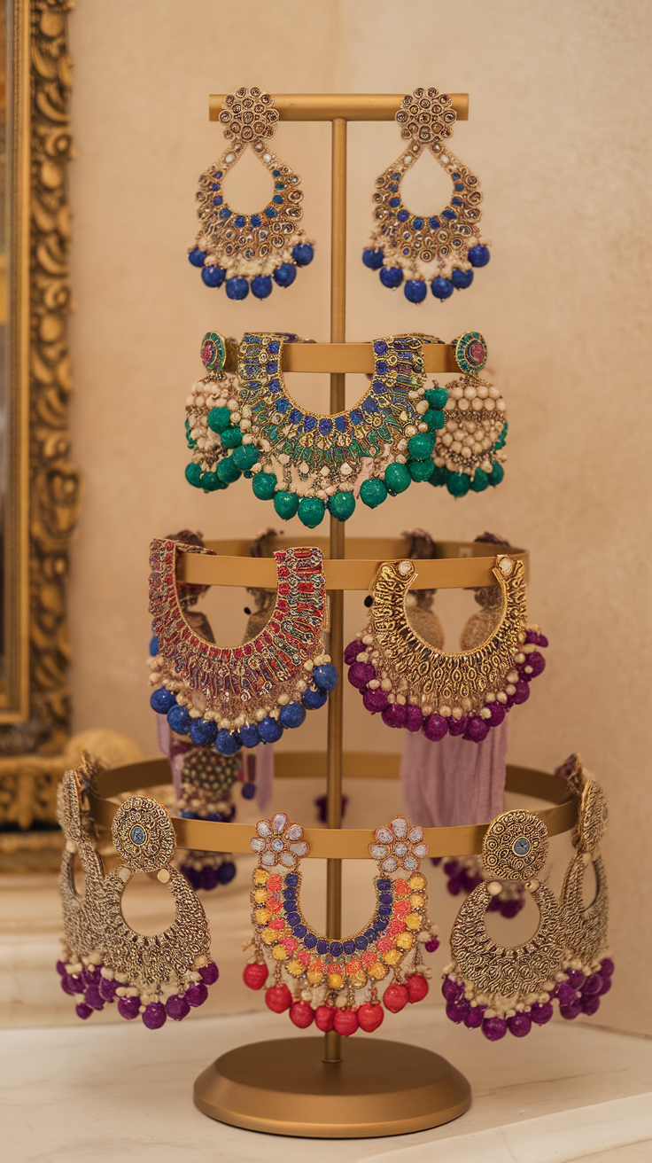 A tiered jewelry stand displaying colorful statement earrings and necklaces.