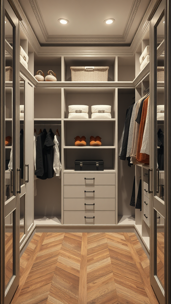 A stylish and organized closet with shelving, drawers, and clothing displayed neatly.